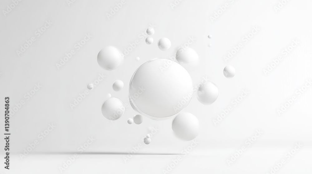 Poster white spheres small bubbles minimalist style high-resolution soft lighting central composition subtl