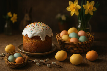 Easter celebration background scene with traditional glazed cake topped with sprinkles, colorful eggs in basket and a bird’s nest, spring flowers and chocolate bunny on a rustic brown wooden table