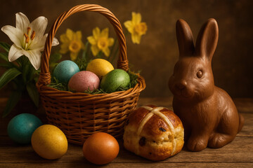 Easter festive theme scene with basket filled with colorful pastel eggs, chocolate bunny, traditional hot cross bun, and vibrant spring flowers  on rustic wooden table with warm brown background 