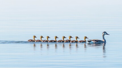 Ducklings following mother on calm lake