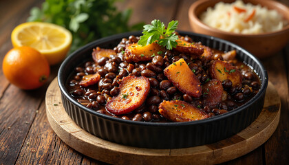 traditional Brazilian feijoada dish with black beans and pork, indoor setting at a rustic wooden table, top-down view, soft ambient lighting highlighting the textures of the dish, garnished with fresh