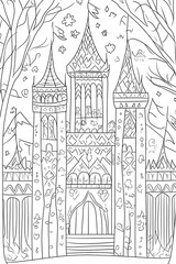 Obraz premium Enchanted Castle Coloring Page: Detailed Towers and Flags Ready for Coloring Fun