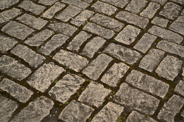 Old cobblestone pavement texture with moss High-resolution texture of old stone pavement with moss between the stones. Perfect for use as background, texture, architectural or historical references.
