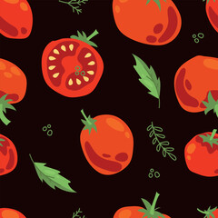 Seamless pattern of ripe tomatoes. Vegetables. Red tomatoes. Juicy Harvest. Healthy food. Vector illustration.