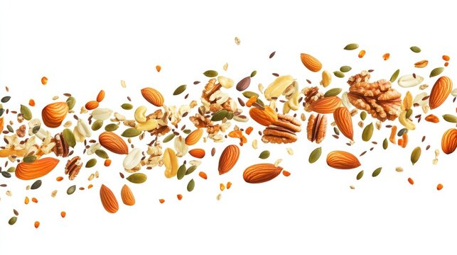 A vibrant horizontal trail of various nuts and seeds