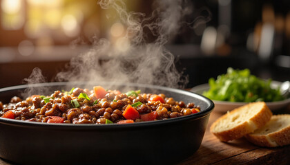  steaming bowl of feijoada stew, cozy kitchen during lunchtime, side angle view capturing the steam rising, warm inviting light with gentle shadows, bread and green garnish on the side
