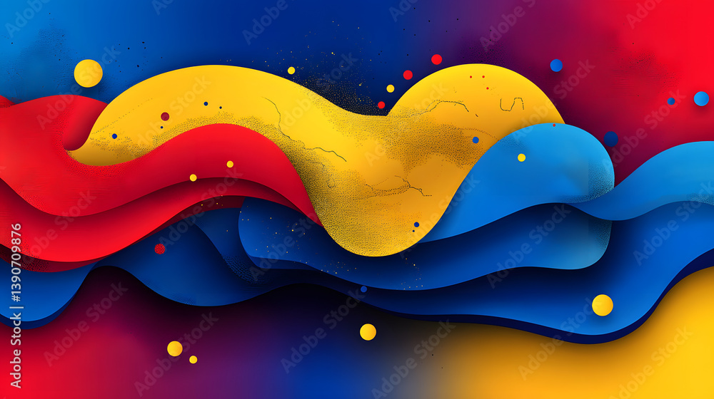 Poster vibrant abstract design featuring colorful waves in red, yellow, and blue, creating a dynamic and en