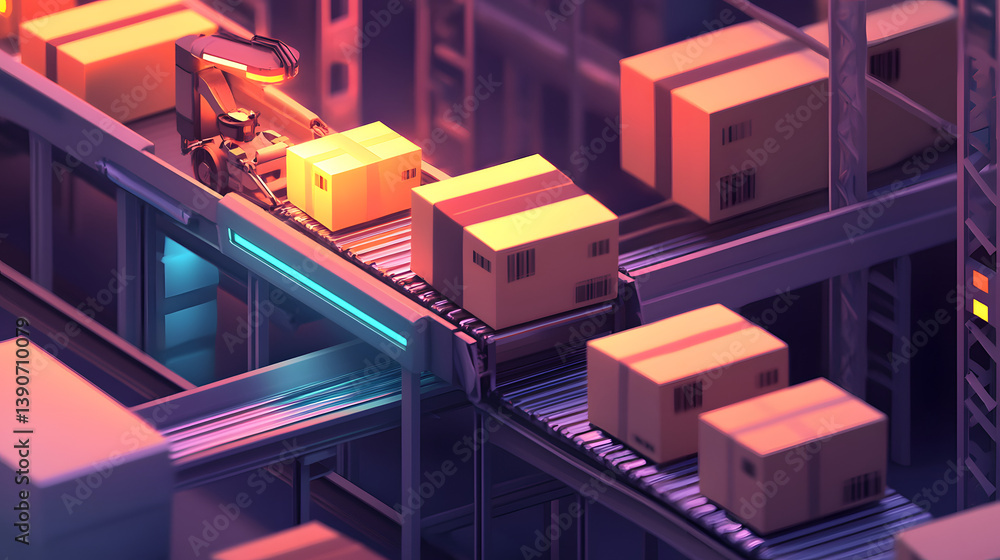 Poster a futuristic robotic arm efficiently sorting yellow packages in a high-tech warehouse setting.