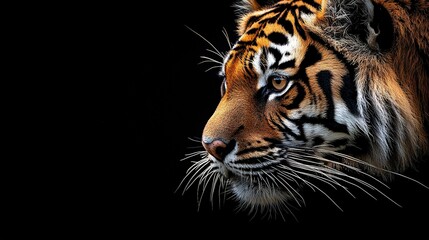 Obraz premium A close-up of a tiger's face on a black background, with a blurry appearance on the tiger's face