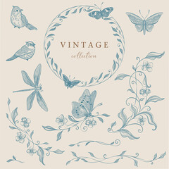 Floral clipart engraving frames. botanical wreaths and borders for wedding vintage invitations. Line art hand drawing, Victorian illustration