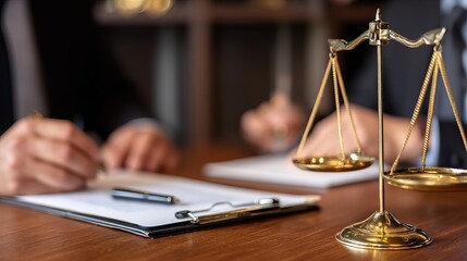 Legal Professionals Working on Documents Golden Scales of Justice Legal Advice Contract Law Firm Justice System Legal Process Lawyer Attorney Courtroom Legal Documents Business Law Corporate Law      