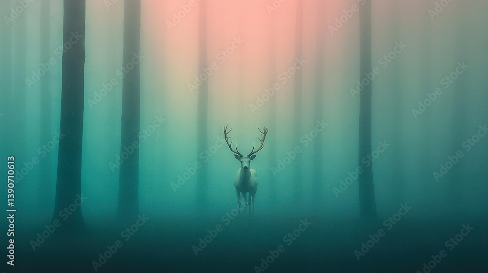 Poster a deer stands in a forest with tall trees in the foreground and a foggy sky in the background