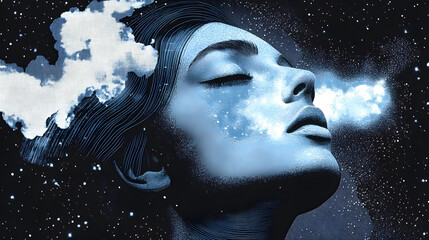 A serene female figure, with closed eyes, embodies tranquility against a cosmic backdrop of stars and clouds.