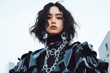 Woman in Black Outfit with Chain Necklace