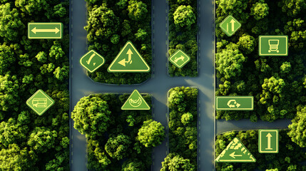 Aerial view of a lush green forest maze with various traffic signs creatively integrated into the scenery.