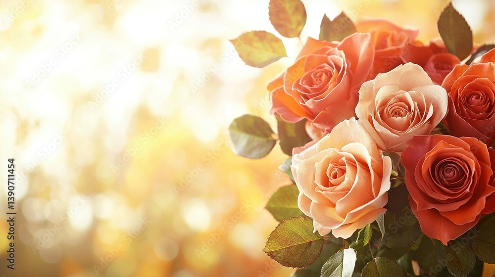 Poster a photo of a close-up rose bouquet in a vase on a table with sunlight streaming through the window b