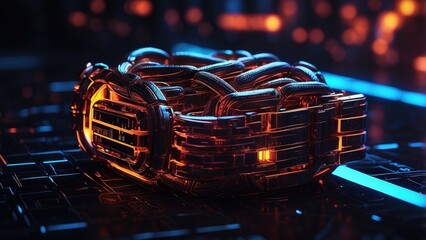 A conceptual illustration of a glowing chain link in red and blue hues,