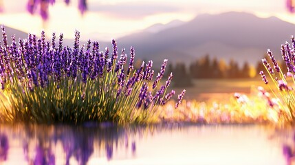   A field of vibrant lavender blooms beside a serene waterbody with a majestic mountain range in the distant backdrop