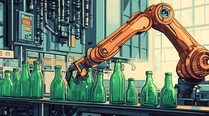 Obraz premium A robotic arm meticulously assembling green glass bottles in a modern industrial setting.