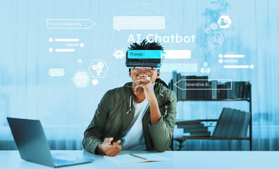 African man using AI technology while wearing VR glasses. Smiling person sitting at table with book...