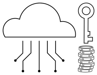 Cloud with circuit lines, a key, and coin stack illustrate data storage, cybersecurity, and digital transactions. Ideal for technology, finance, security, innovation connectivity online systems