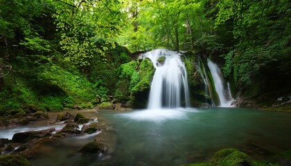 Obraz premium waterfall in the forest with green seen