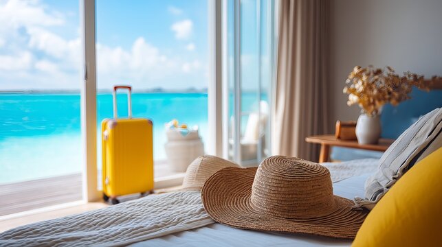 Luxury Beach Vacation Room Yellow Suitcase Straw Hats Ocean View Tropical Getaway Summer Travel Relaxation Paradise Island Resort Hotel Bedroom Interior Design Coastal Decor Sunny Bright calm rest    
