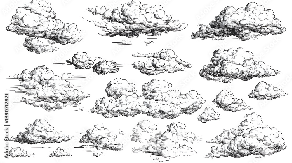 Poster a collection of hand-drawn cloud illustrations in various shapes and sizes, showcasing intricate det