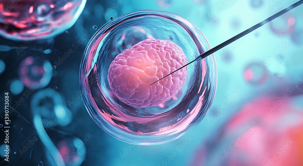 Poster a close-up 3d rendering of a human cell on laboratory table