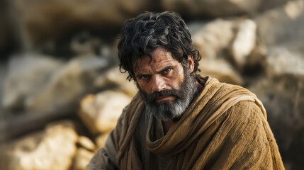 A cinematic image of st Peter is portrayed as a rugged, middle-aged man with a broad, muscular build. an apostle of Jesus He has thick, dark hair and a full, graying beard.