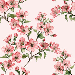 Japanese cherry blossom sakura branches vector seamless pattern. Linen fabric, wallpaper vector background. Pink cherry flowers textile print, spring tree blossom fabric, branches with flowers.