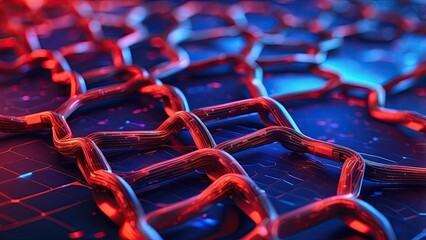 A conceptual illustration of a glowing chain link in red and blue hues,