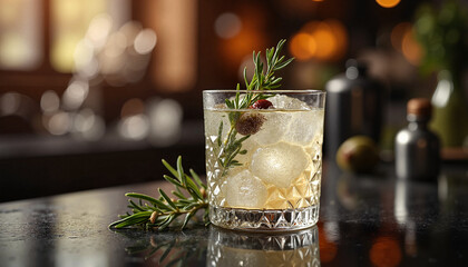  solitary glass of gin and tonic with a sprig of rosemary and juniper berries inside, elegant indoor setting with a blurred bar background, side view capturing the frosted glass effect, ambient warm l