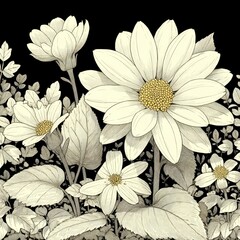 Fototapeta premium Detailed Line Drawing of Off White Daisies on Black Background