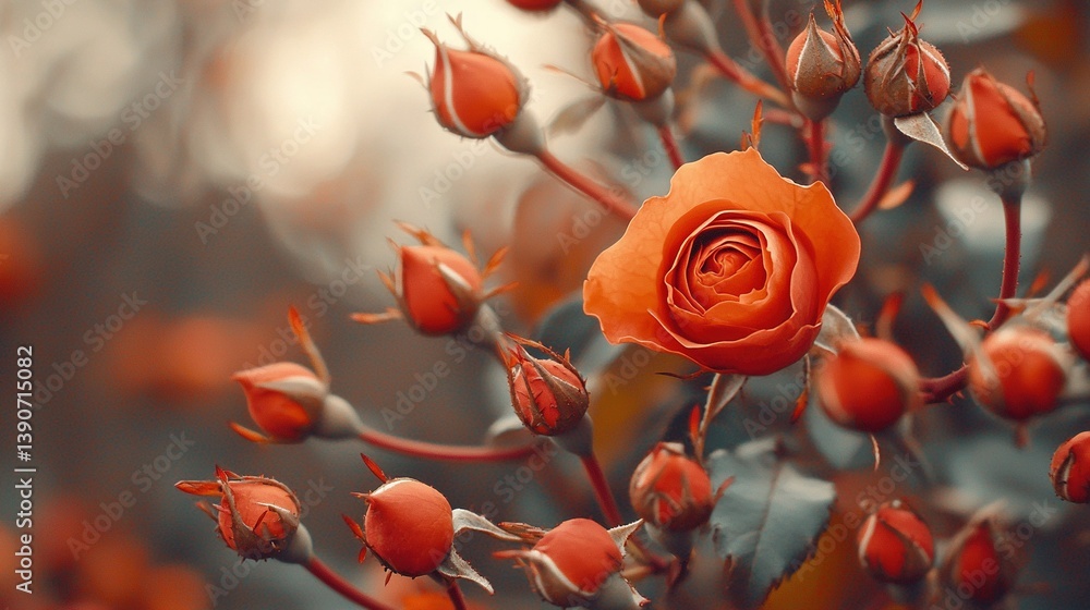 Poster a macro image capturing an enlarged view of the bloom against a backdrop of foliage