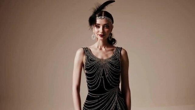 Elegant woman in black fringe gown with headpiece on neutral backdrop