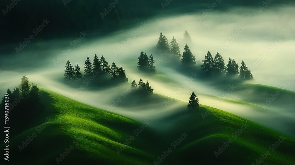 Poster pine trees in foreground, foggy hillside & low lying clouds in background