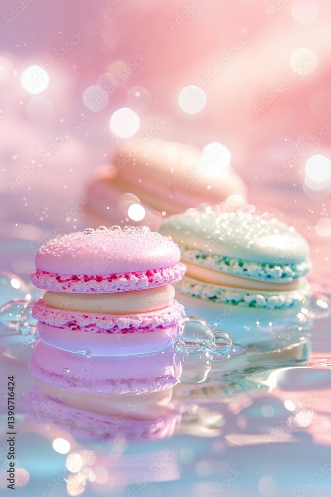 Poster a macroon pair floating on a water backdrop with pink-blue gradient and bubble effects
