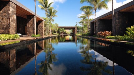 Obraz premium Luxurious Tropical Resort with Serene Reflection Pool Surrounded by Lush Greenery and Palm Trees Under Clear Blue Sky