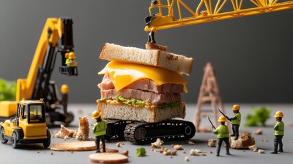 Miniature workers building a tuna sandwich with tiny cranes and forklifts Generative AI