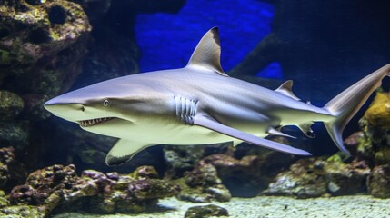 Obraz premium Aquarium shark in coral reef exhibit