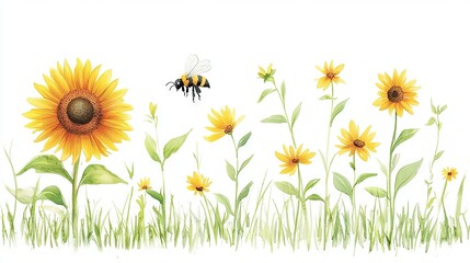  A sunflower and bee painting in a sunflower field with a white sky background