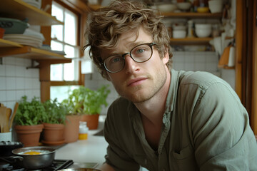 A man with glasses frying eggs in a minimal kitchen with white walls, wooden shelves, and herbs in pots. He wears a sage green shirt