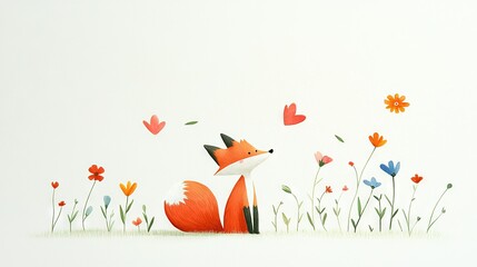 Fototapeta premium A fox is sitting amidst a field of blooming flowers while a butterfly soars above in the background of a beautifully painted canvas