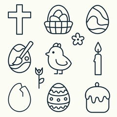 Easter Icons Set - Eggs, Basket, Cross, Candle, Chick, Easter Cake