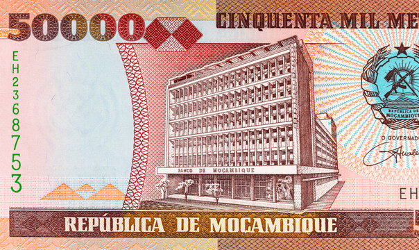 Mozambique 50000 Meticais 2003 banknote with the image of the Banco de Mocambique building in Maputo. Mozambican money