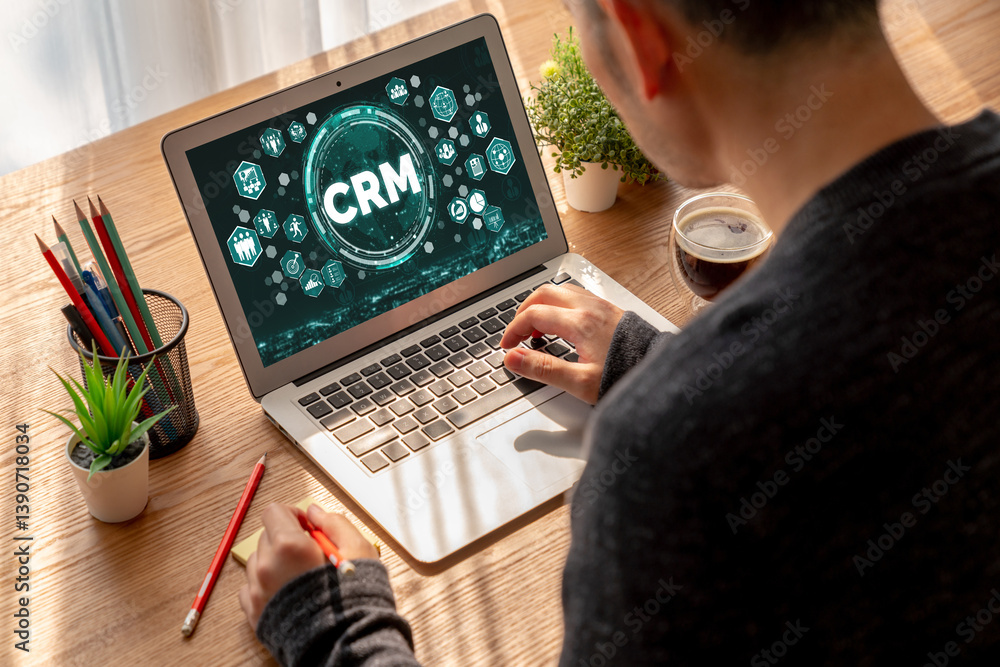 Poster customer relationship management system on modish computer for crm business and enterprise