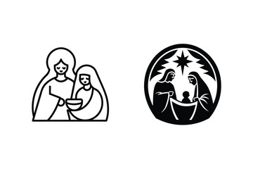 Minimalist Nativity Scene Outlines Depicting Holy Family And Three Wise Men