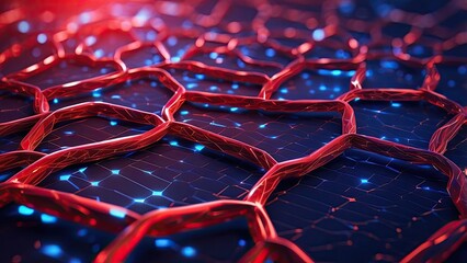 A conceptual illustration of a glowing chain link in red and blue hues,
