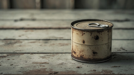 Naklejka premium Rusty can on wooden surface evokes a sense of nostalgia and weathered history in an abandoned setting
